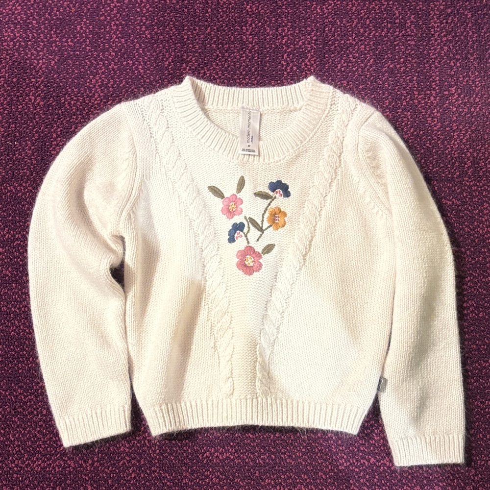 Cream Floral Cable-Knit Girls Sweater